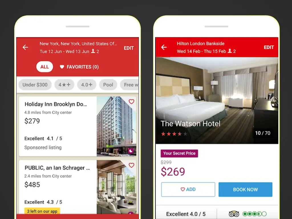Duas capturas de tela do aplicativo Hotels.com para Android.