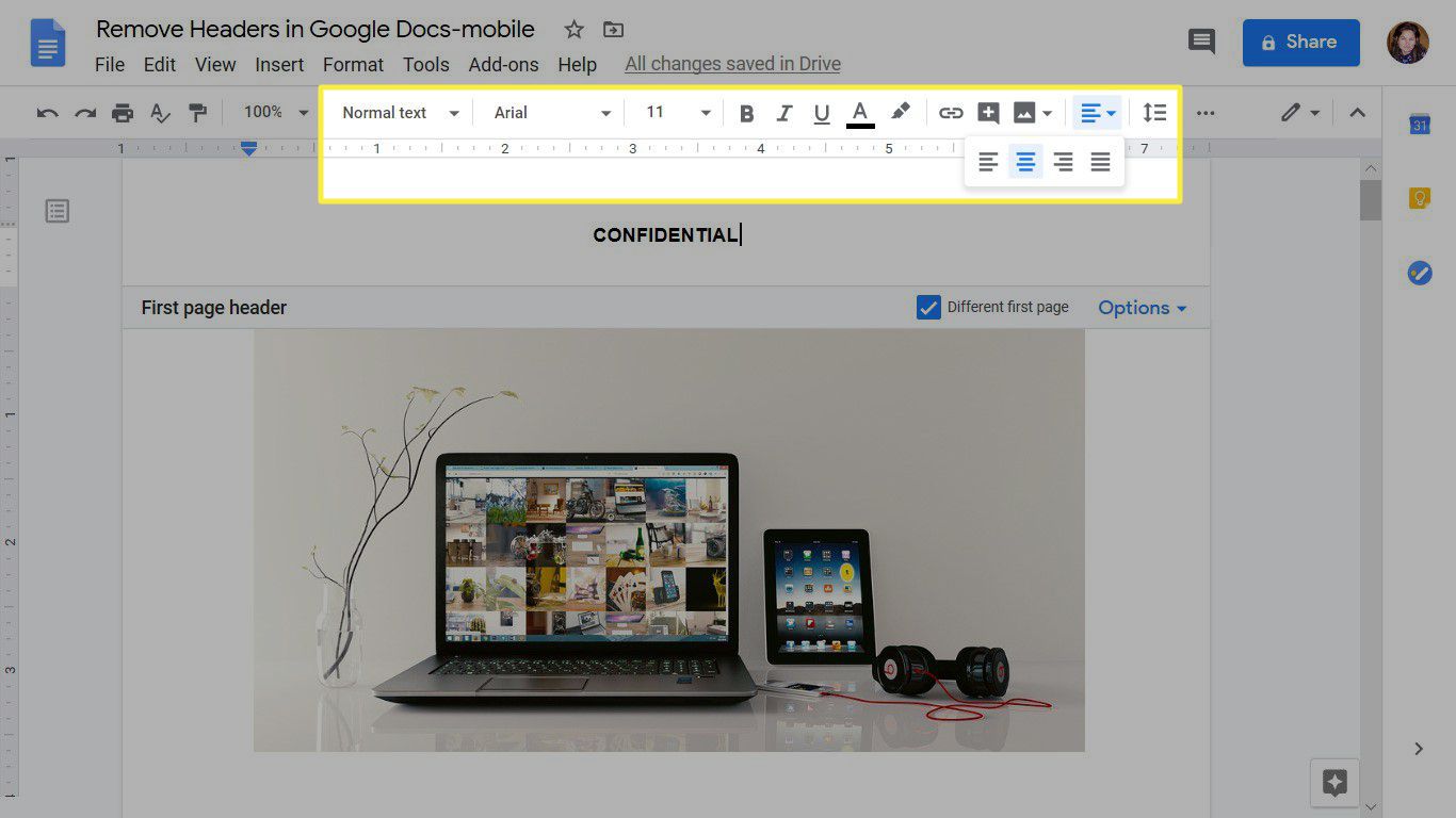 Formatação de texto em um cabeçalho do Google Docs