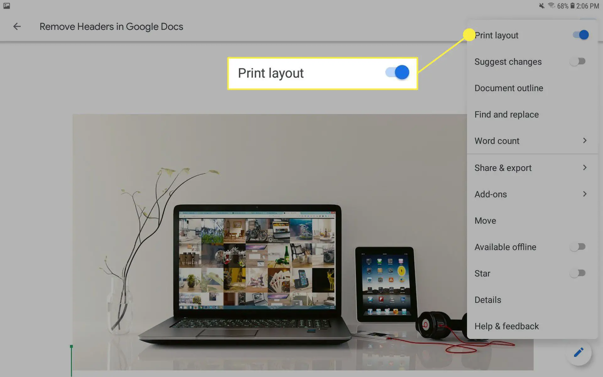 Ative o layout de impressão no aplicativo móvel do Google Docs