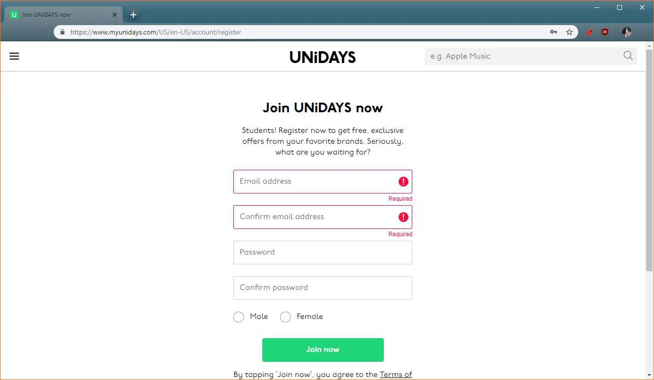 Uma captura de tela da página de inscrição do Unidays