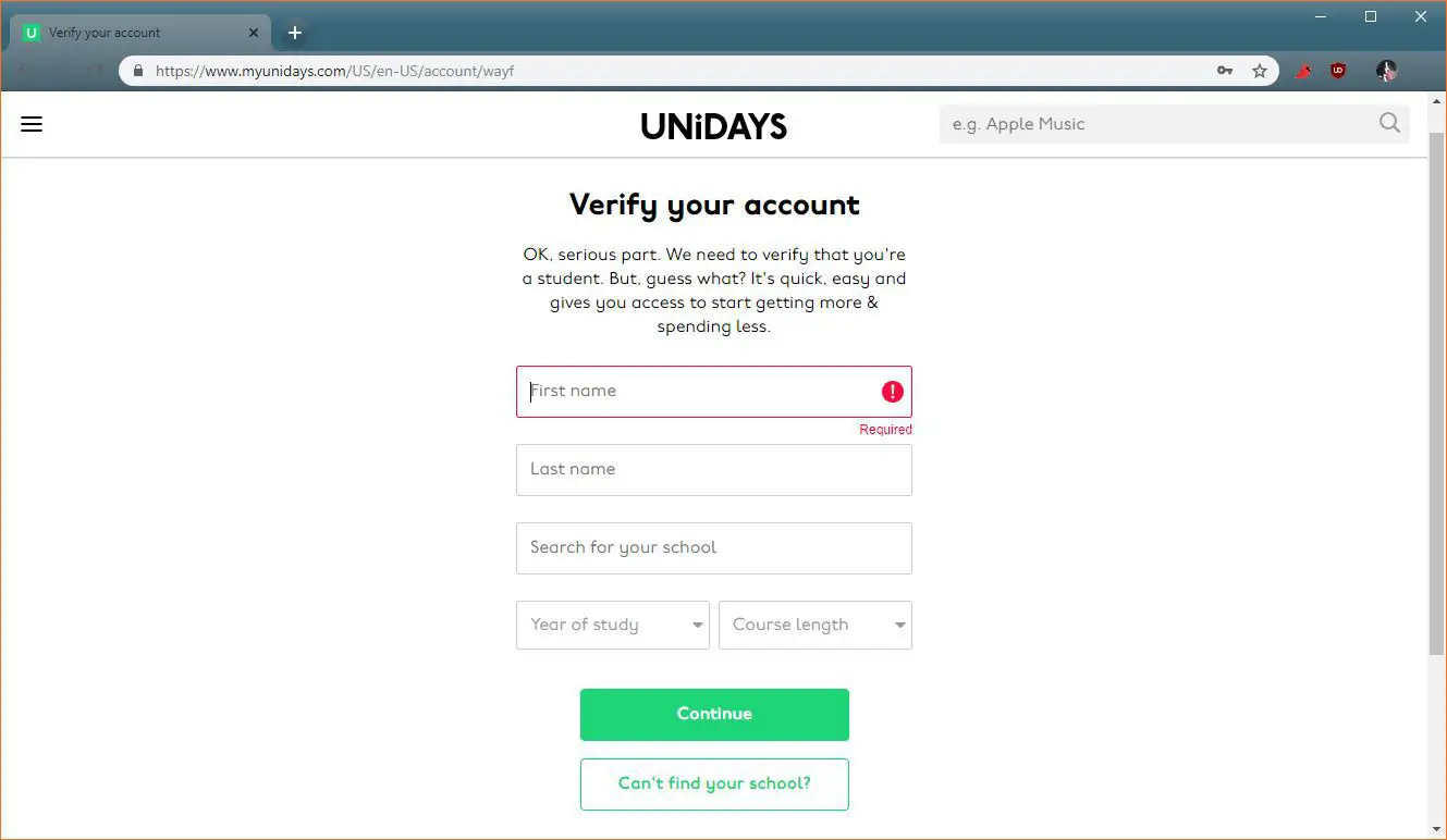 Uma captura de tela da página de verificação de alunos da Unidays