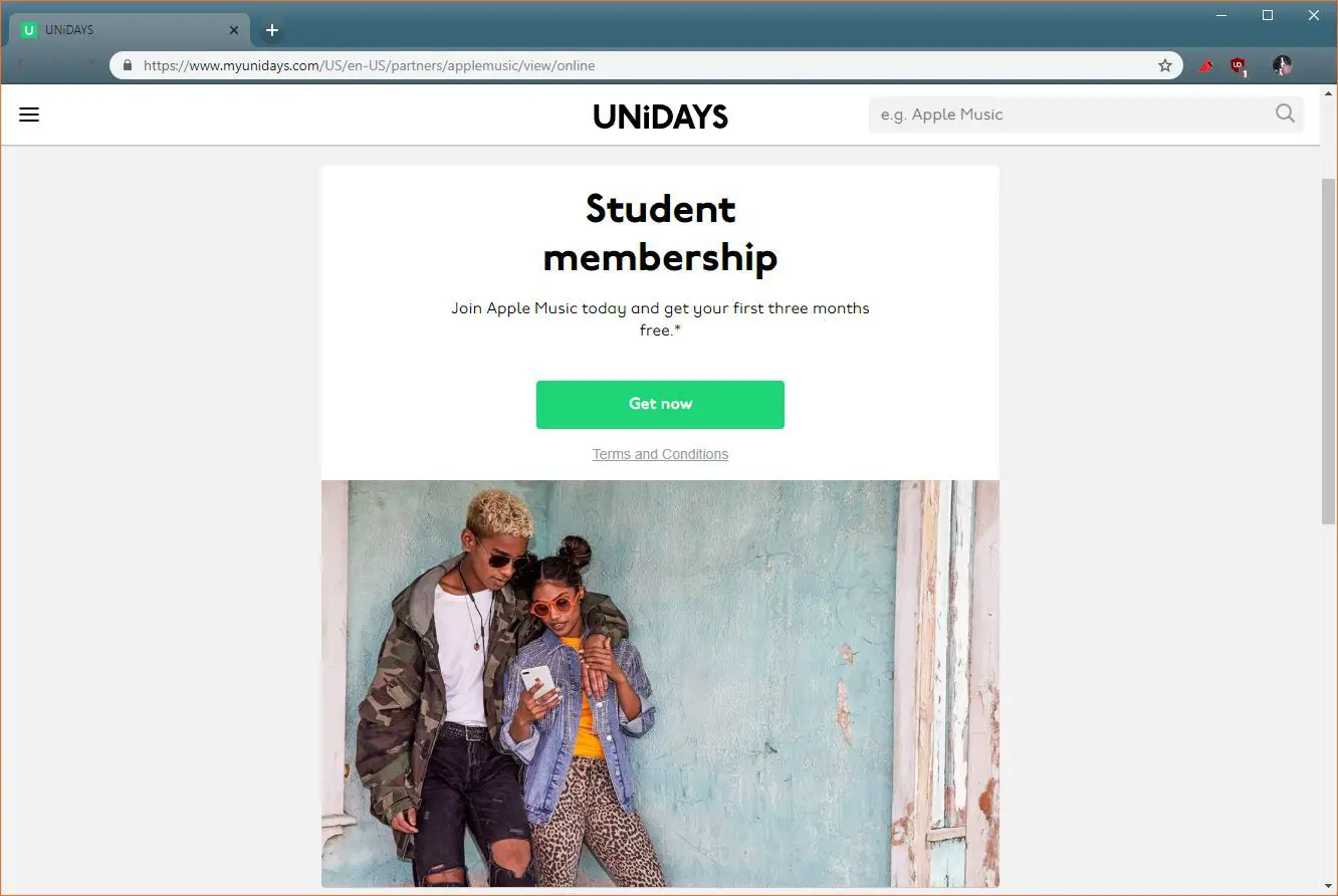 Uma captura de tela do portal Unidays Apple Music