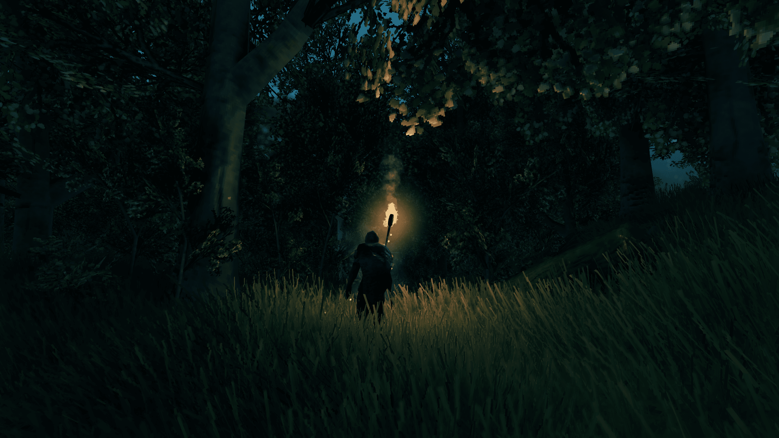Personagem de Valheim explorando a floresta à noite enquanto segura uma tocha