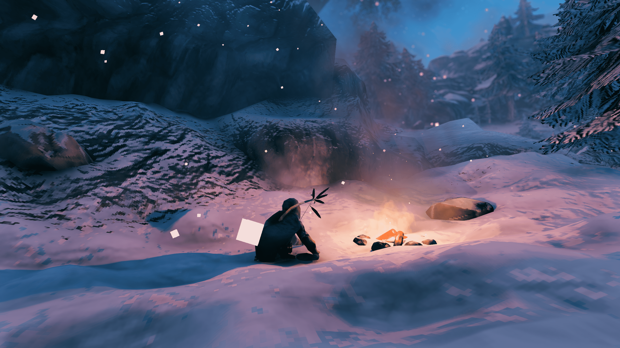 Personagem de Valheim descansando em uma fogueira na neve