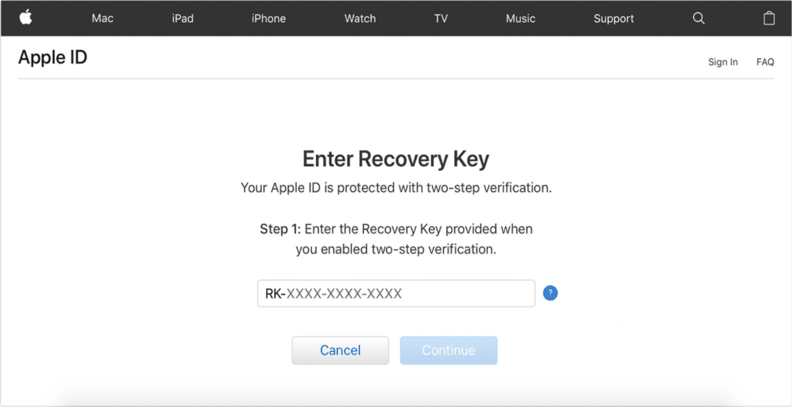 Apple ID Insira a chave de recuperação