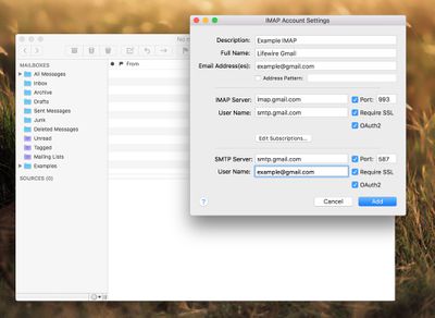 As configurações do Gmail IMAP em um cliente de e-mail no Mac
