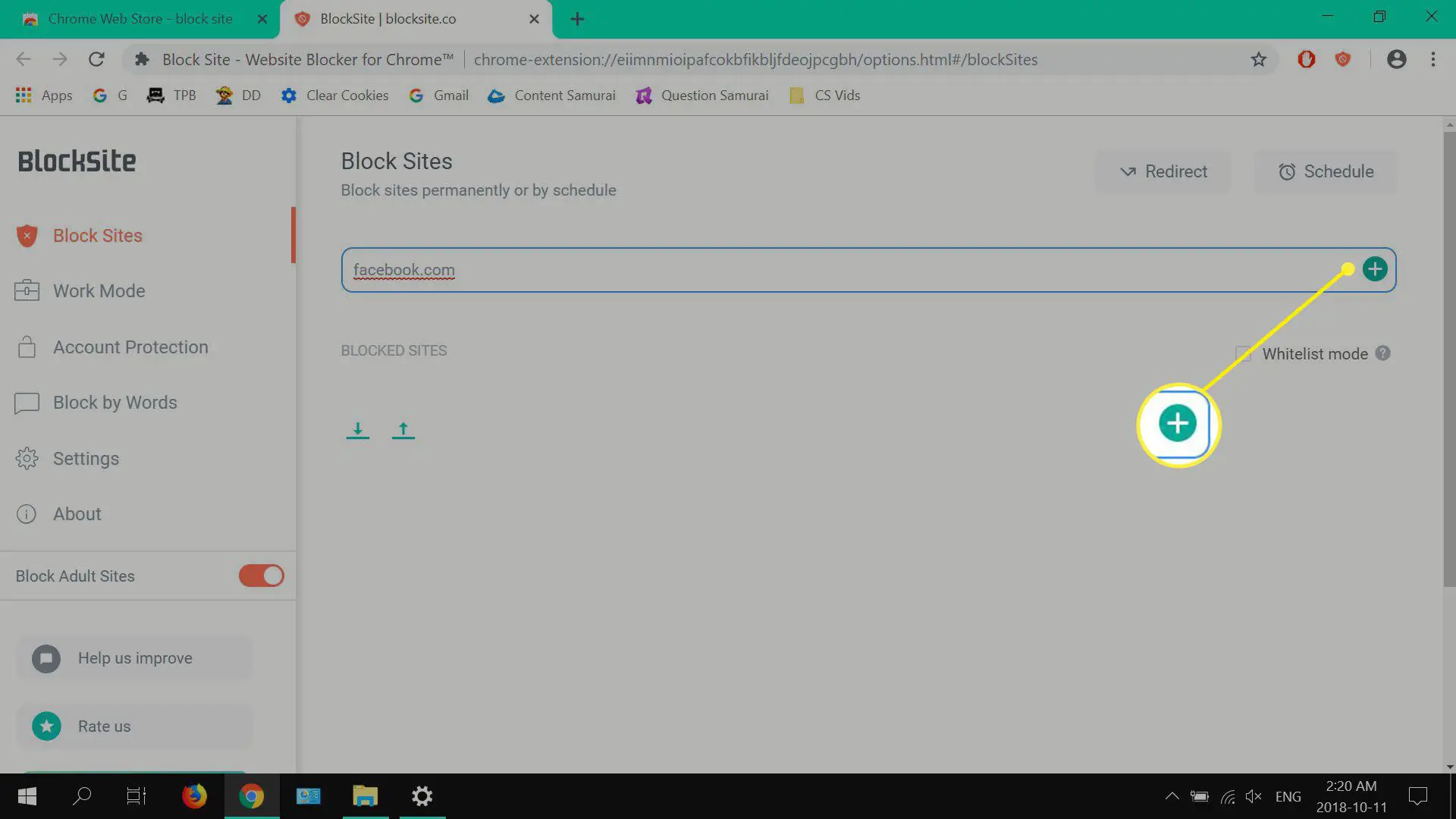 adicionar endereços de sites à lista de bloqueio do BlockSite.
