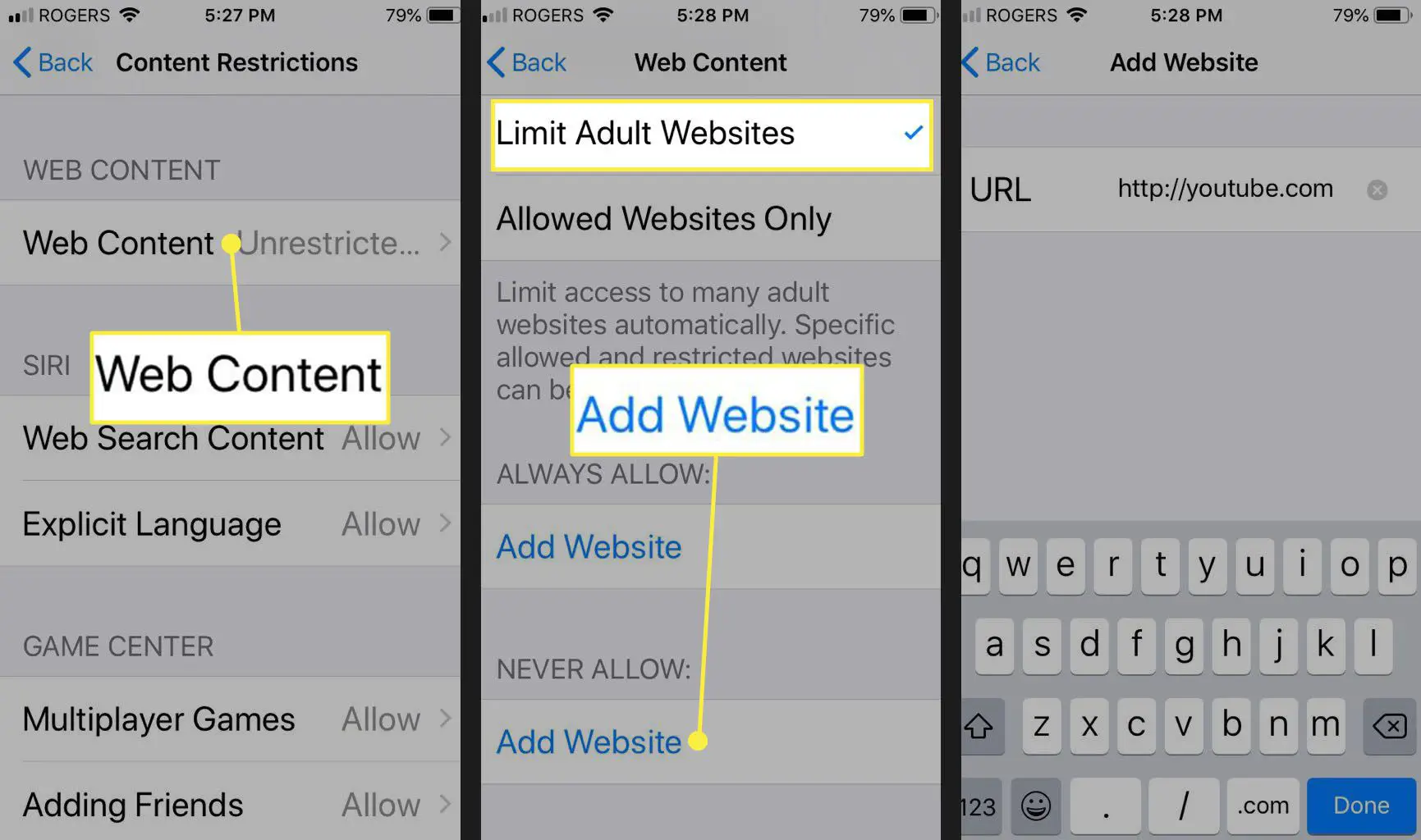 adicione um endereço de site a conteúdo da web restrito no iPhone e iPad.