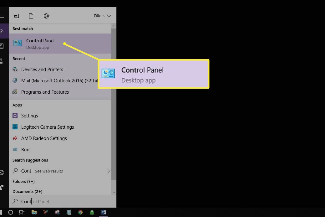 Painel de controle do Windows no menu de pesquisa