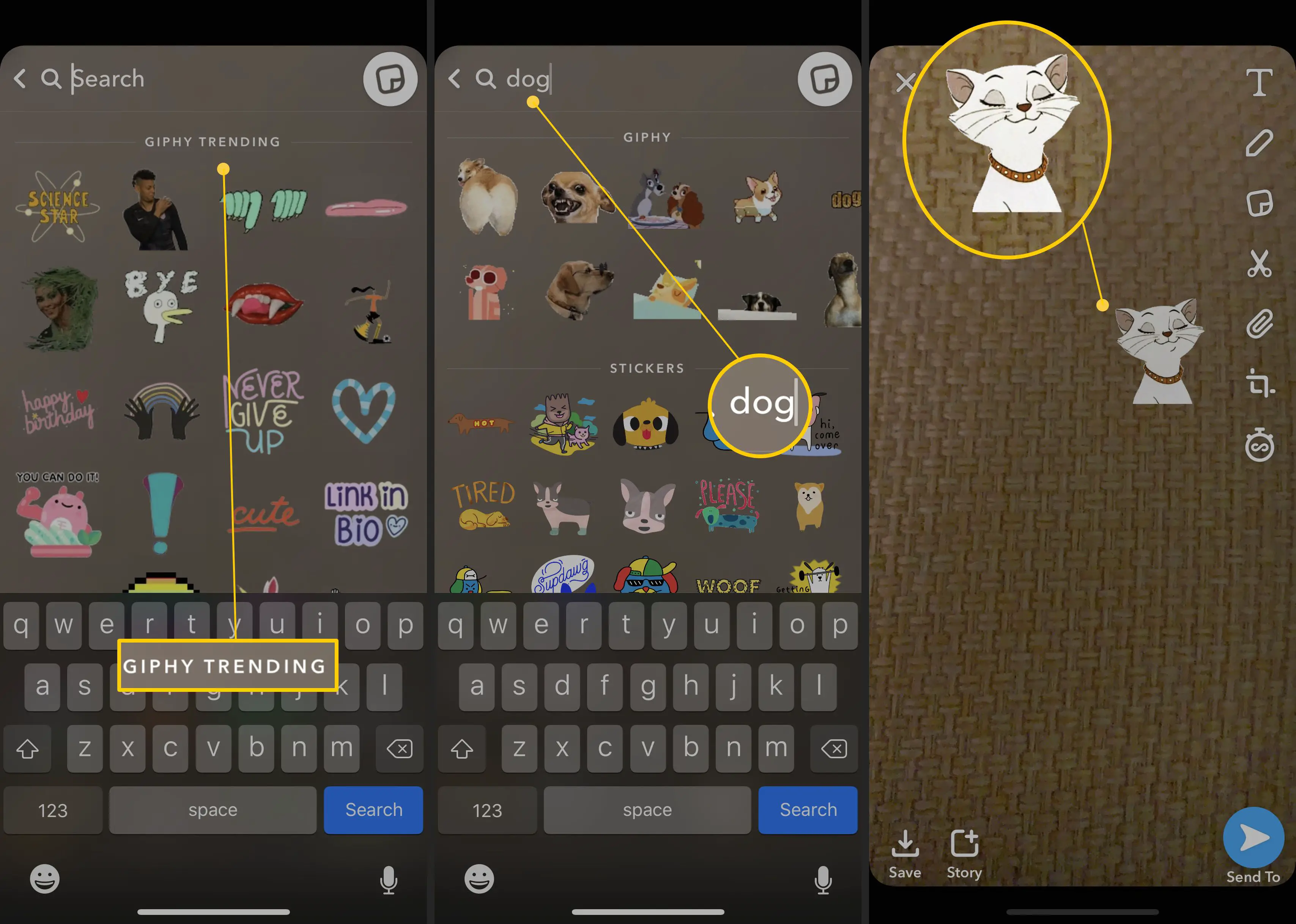 Etapas para encontrar GIFs por meio da interface GIF do Snapchat