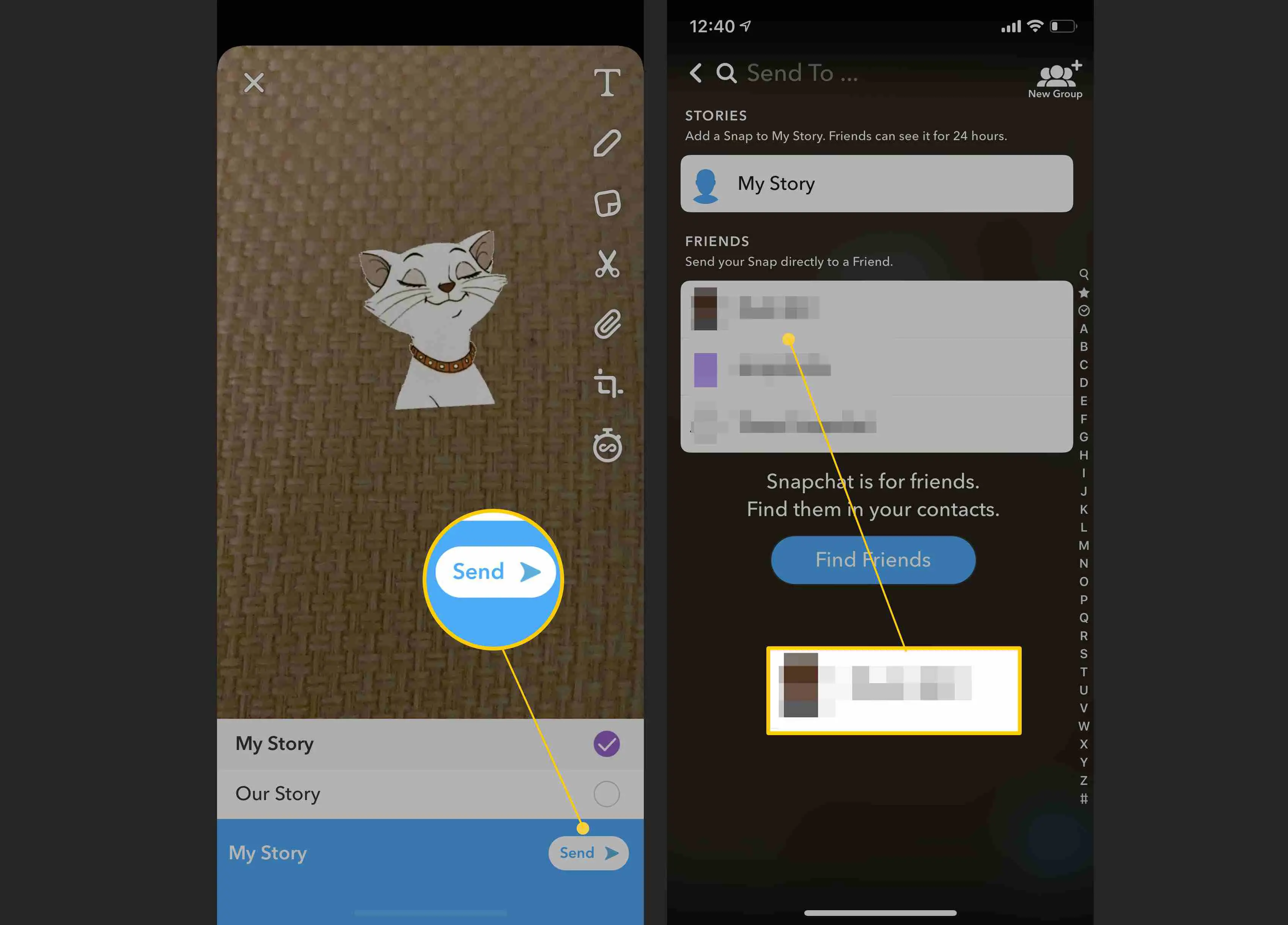 Enviar uma mensagem do Snapchat por meio de uma história ou mensagem privada