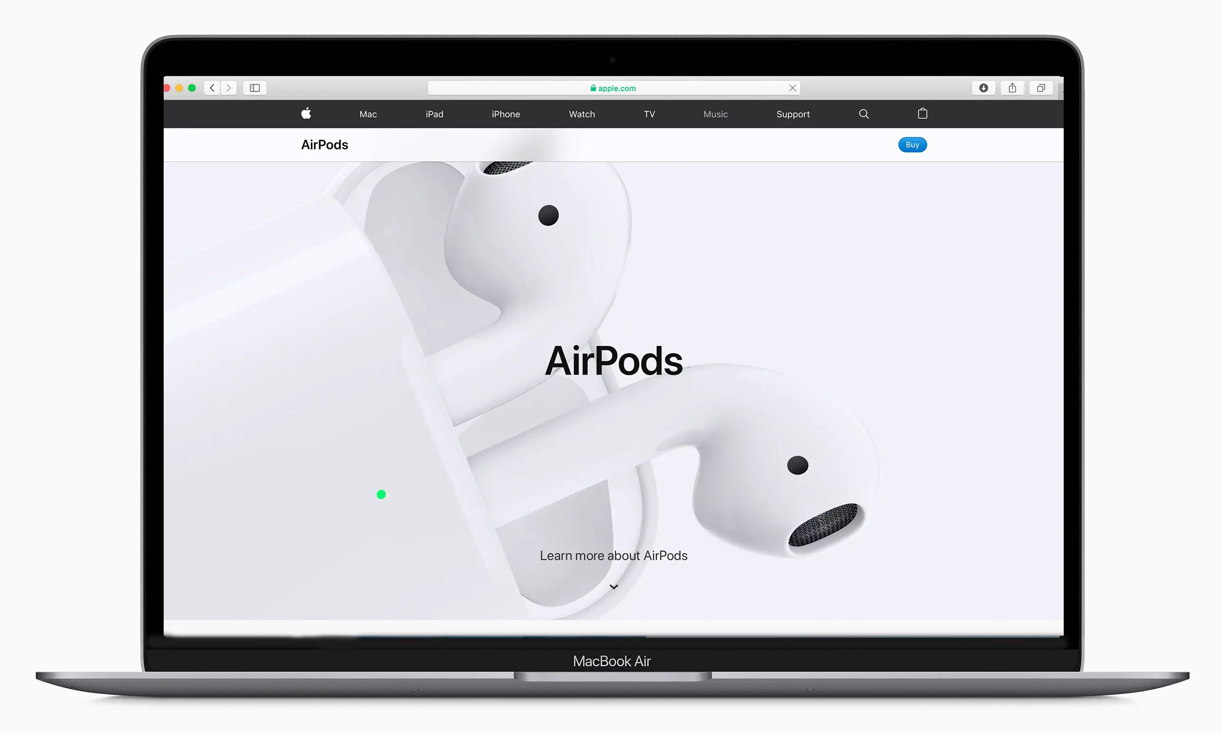 Um MacBook Air com a página da Web AirPods exibida nele