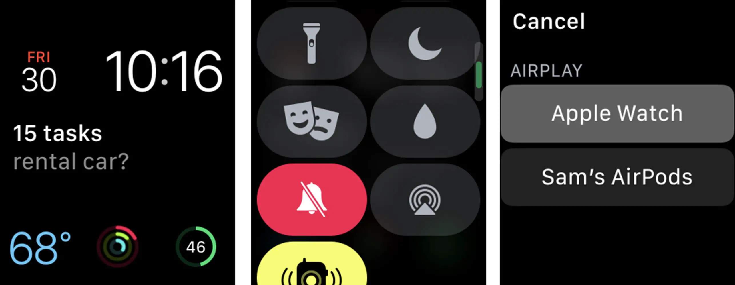 Capturas de tela do envio de áudio para AirPods no Apple Watch