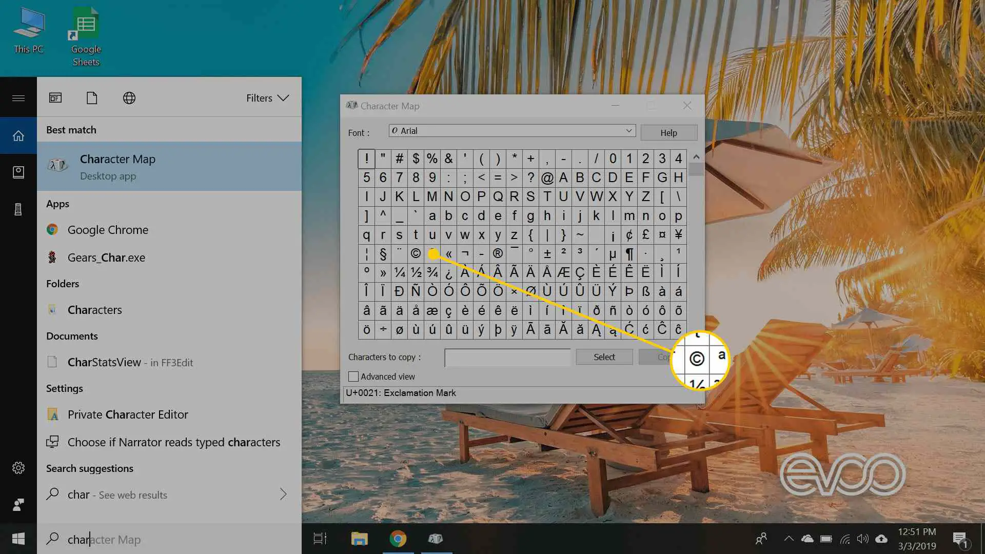 Aplicativo de mapa de caracteres no Windows 10 com o símbolo de direitos autorais destacado