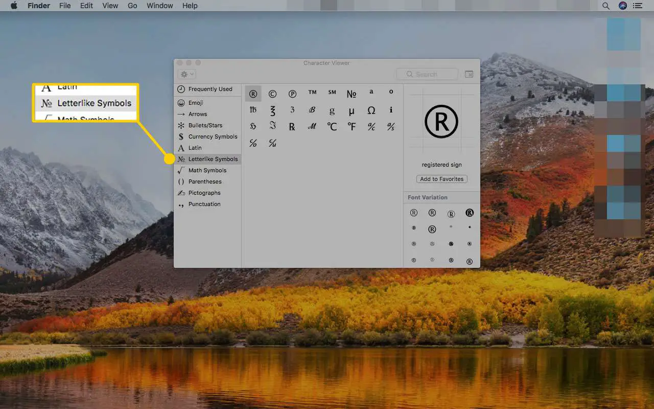 Menu de emojis e símbolos em um Mac com o título Símbolos de letras em destaque