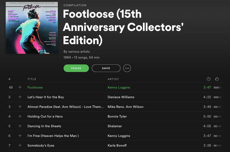 Captura de tela da trilha sonora de Footloose no Spotify