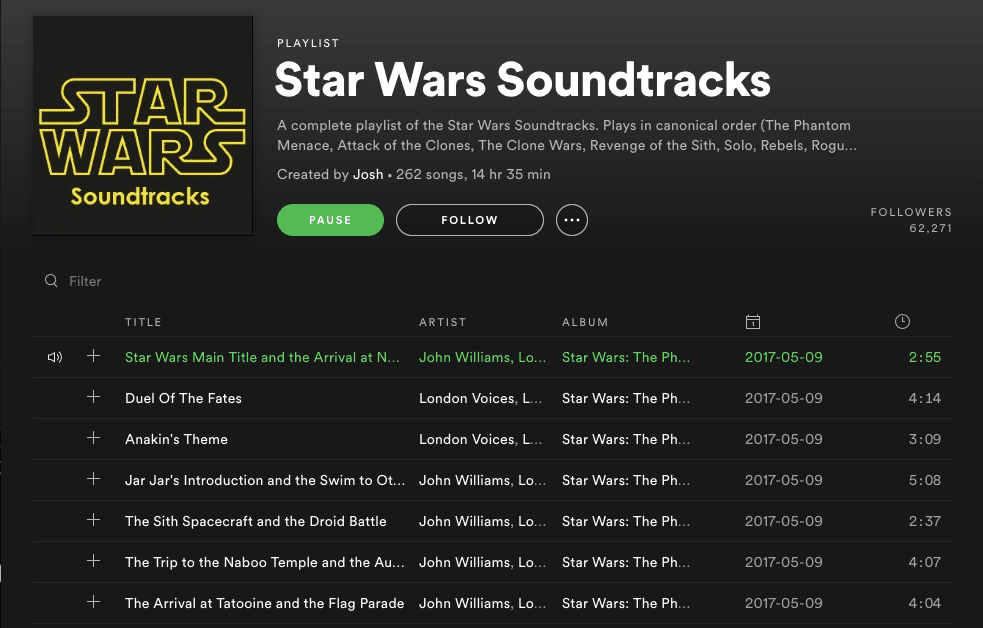 Captura de tela de trilhas sonoras de Star Wars no Spotify