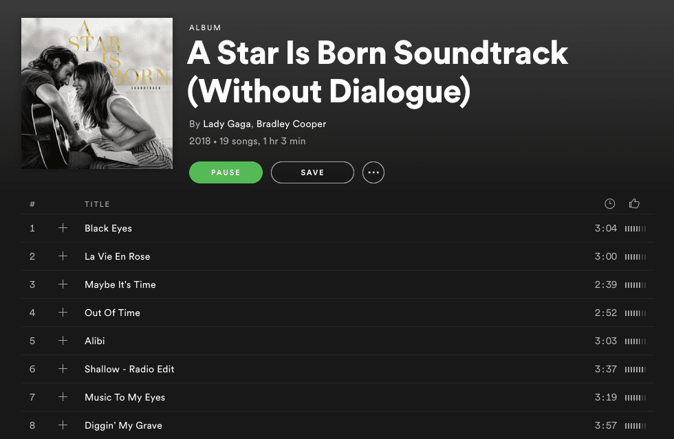 Captura de tela da trilha sonora de A Star is Born no Spotify