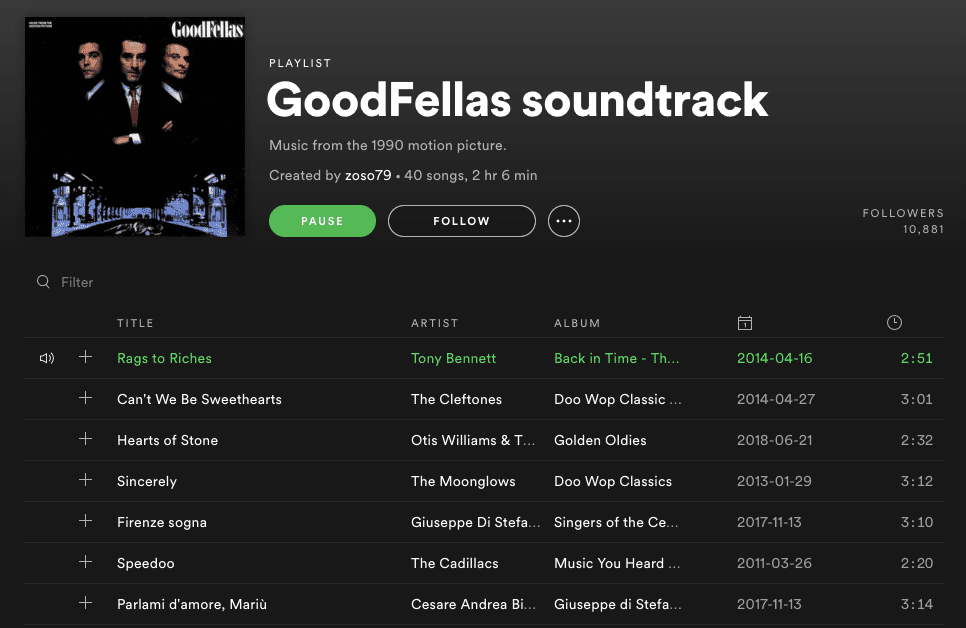 Captura de tela da trilha sonora de Goodfellas no Spotify