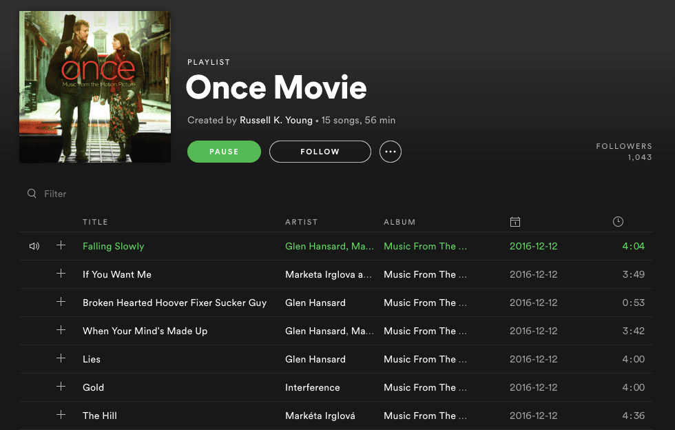 Captura de tela da trilha sonora de Once no Spotify