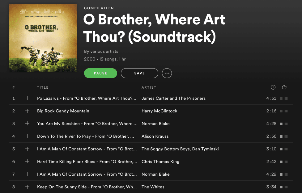 Captura de tela de O Brother Where Art Thou?  trilha sonora no Spotify