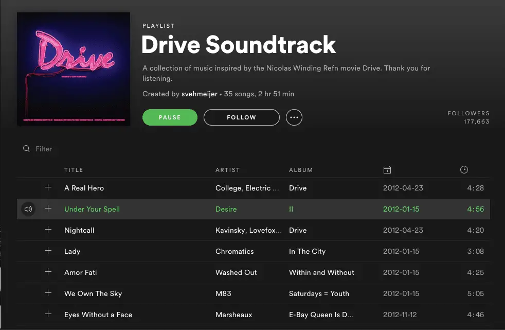 Captura de tela da trilha sonora do Drive no Spotify