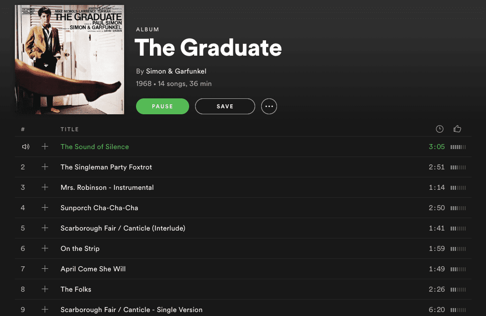 Captura de tela da trilha sonora de The Graduate no Spotify