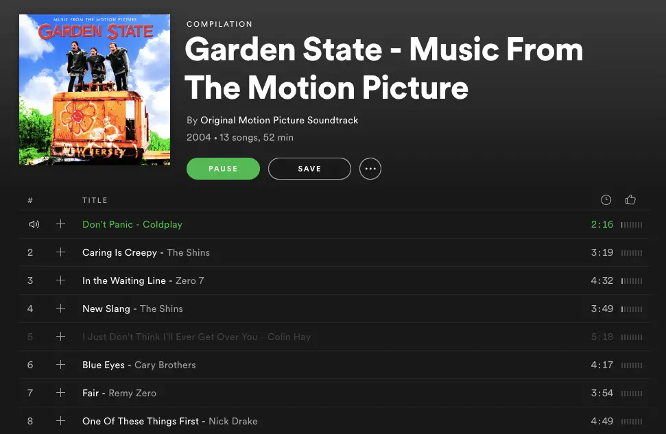 Captura de tela da trilha sonora de Garden State no Spotify