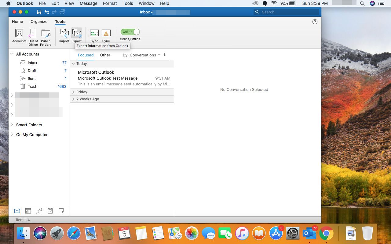 Ferramentas no Outlook para Mac.
