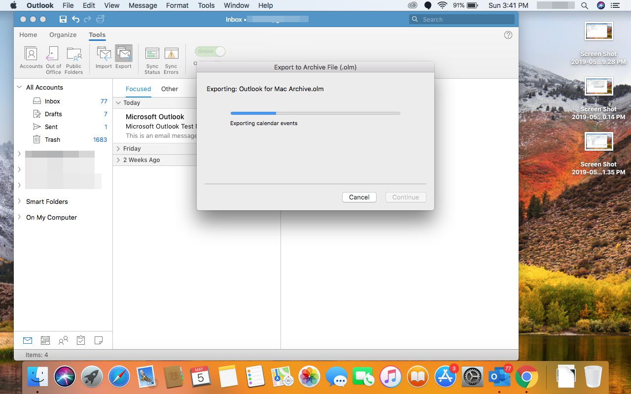 Arquivos sendo exportados do Outlook para Mac.
