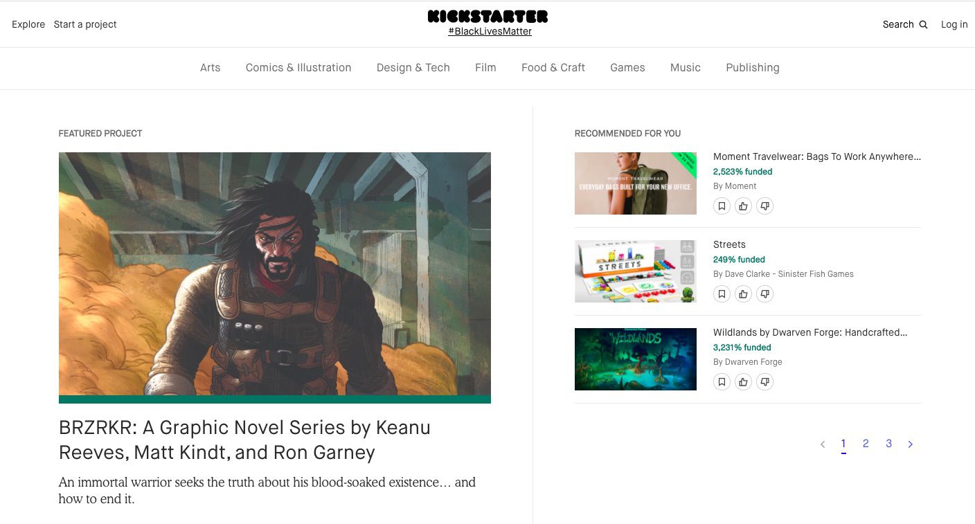 Página inicial do Kickstarter com guias de categoria no topo