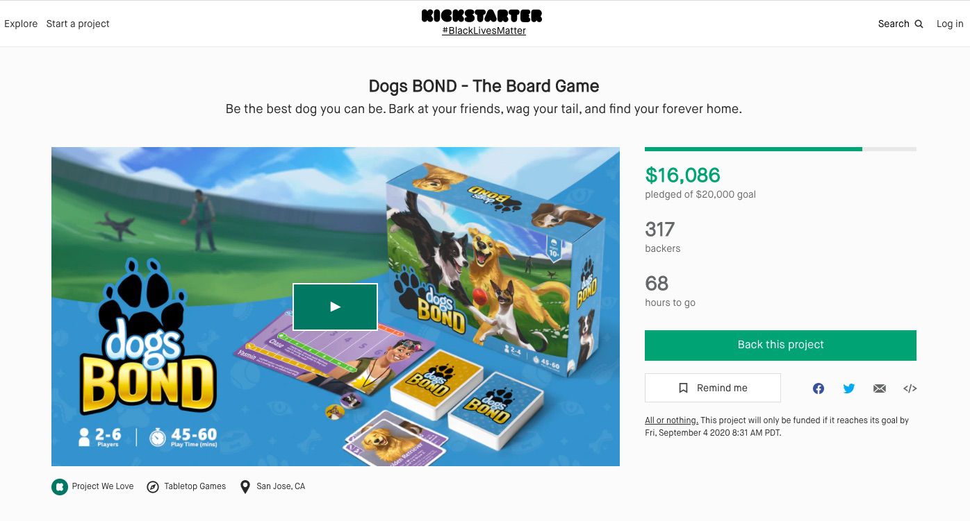 Página do projeto Kickstarter mostrando uma guia verde Voltar este projeto