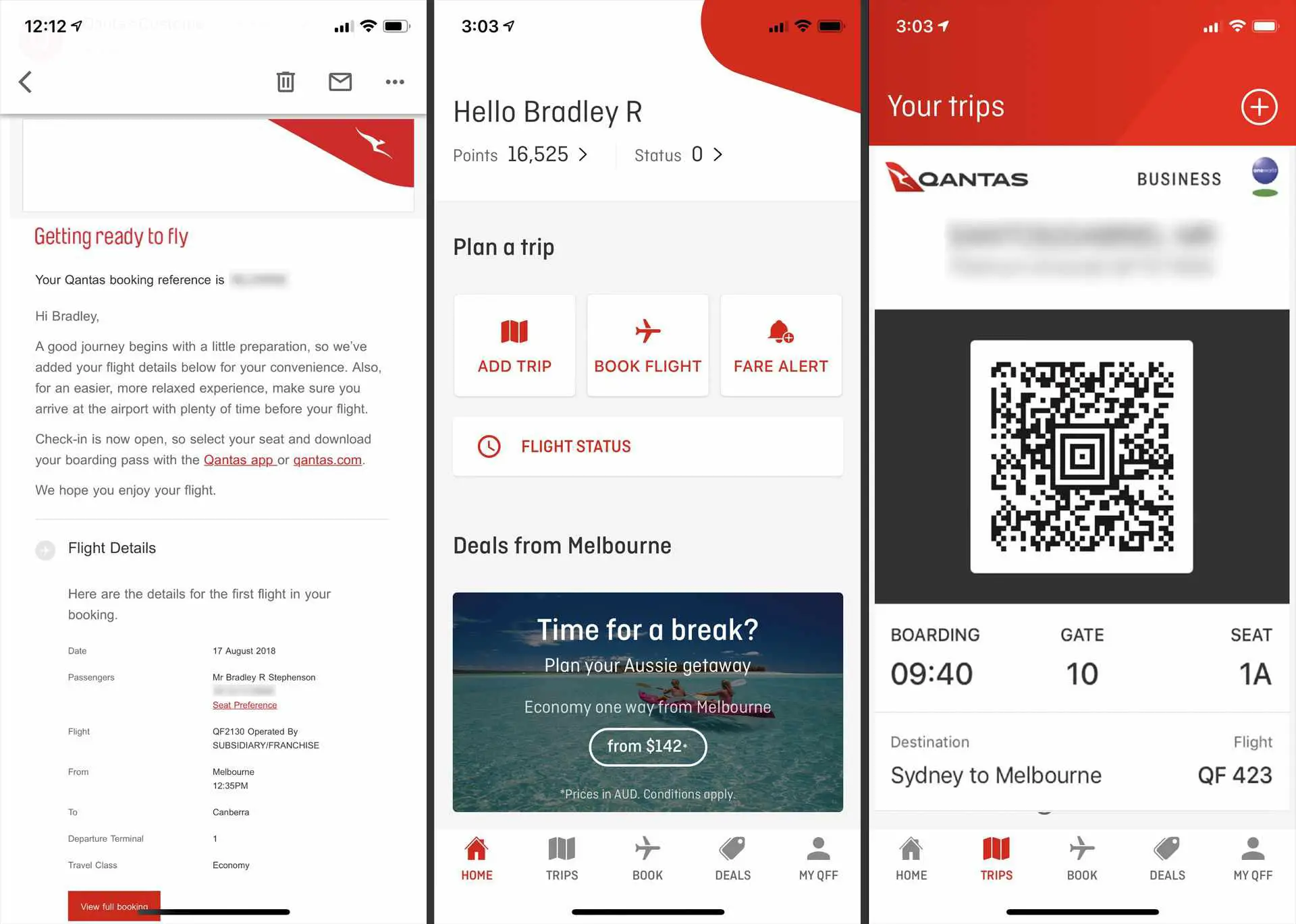 Capturas de tela de um e-mail de uma companhia aérea e um cartão de embarque móvel no aplicativo para iPhone da Qantas.