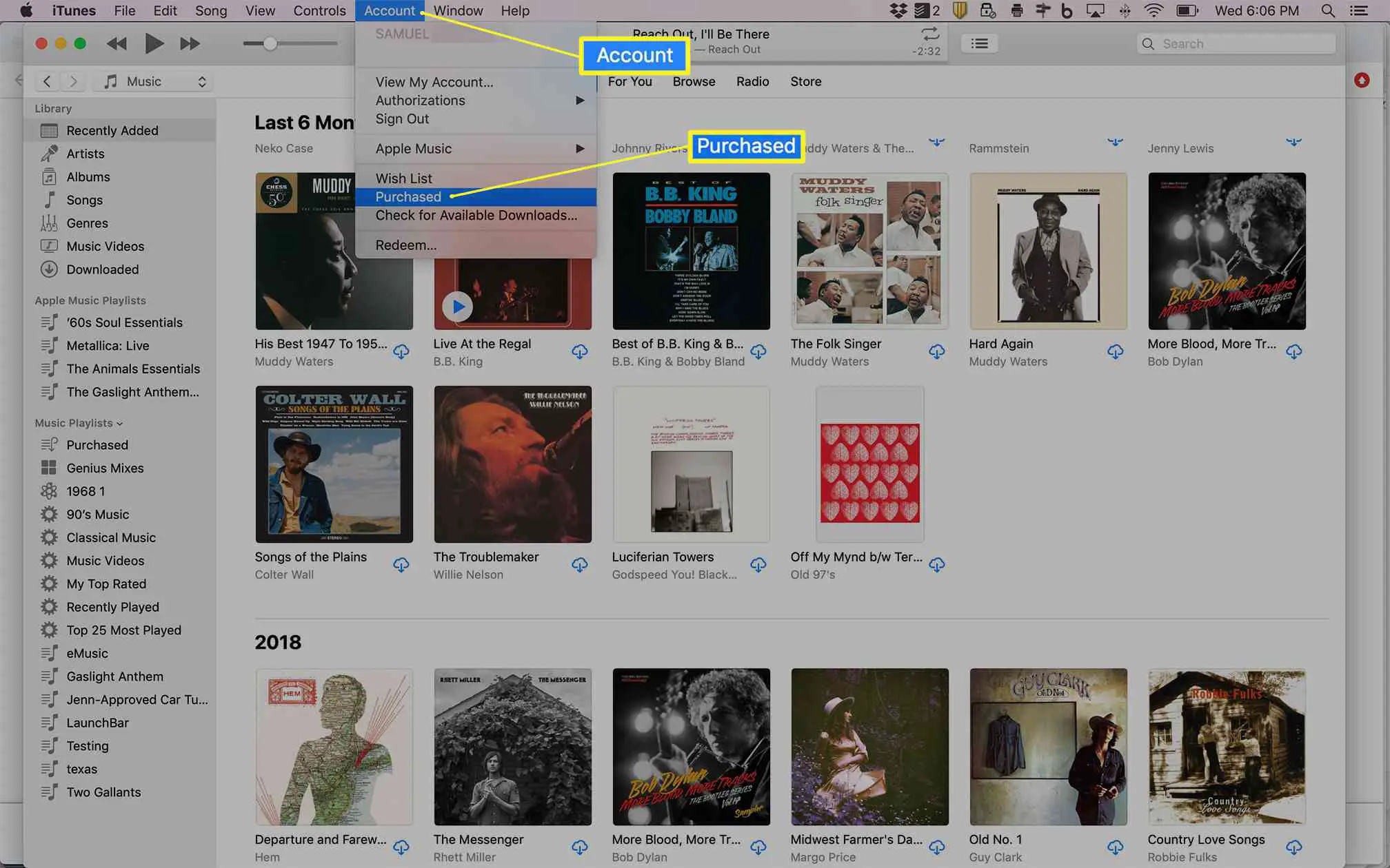 Selecionando o menu Comprado no iTunes em um Mac