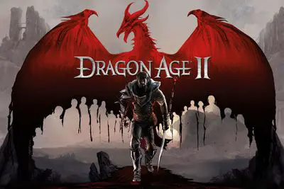 Imagens promocionais de Dragon Age II com dragão e herói de armadura