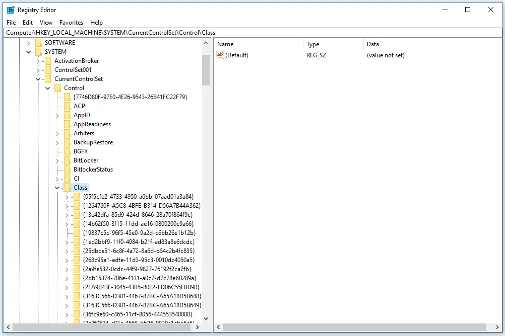 Captura de tela da chave de classe expandida no editor de registro do Windows 10
