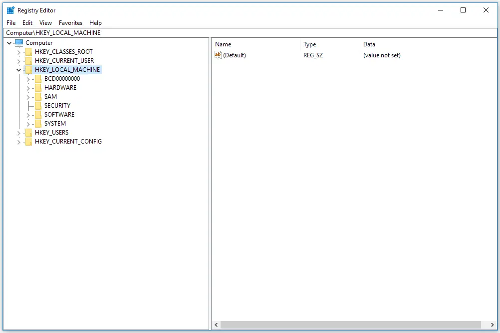 Chave HKEY_LOCAL_MACHINE selecionada no Editor de registro do Windows 10
