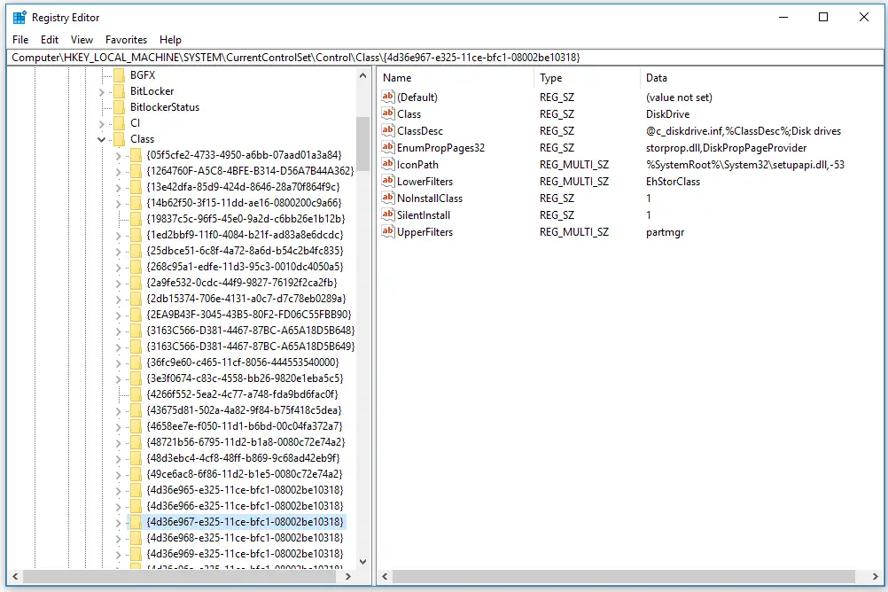 Chave de registro de classe GUID do DiskDrive no Windows 10