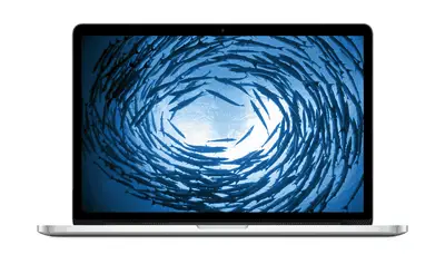 MacBook Pro 15 com Retina Display com cardume de peixes nadando em um círculo na tela