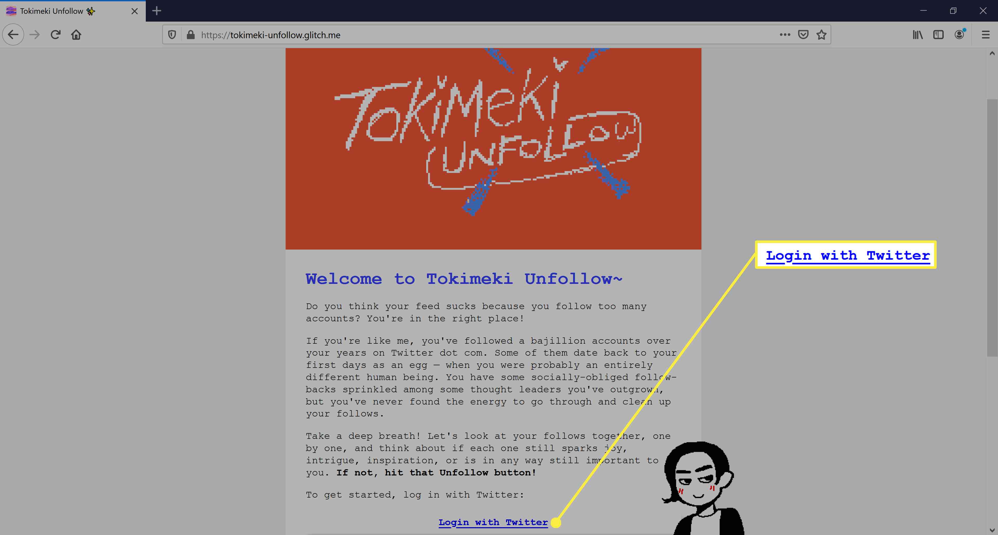 Login no Twitter por meio da ferramenta Tokimeki Unfollow.