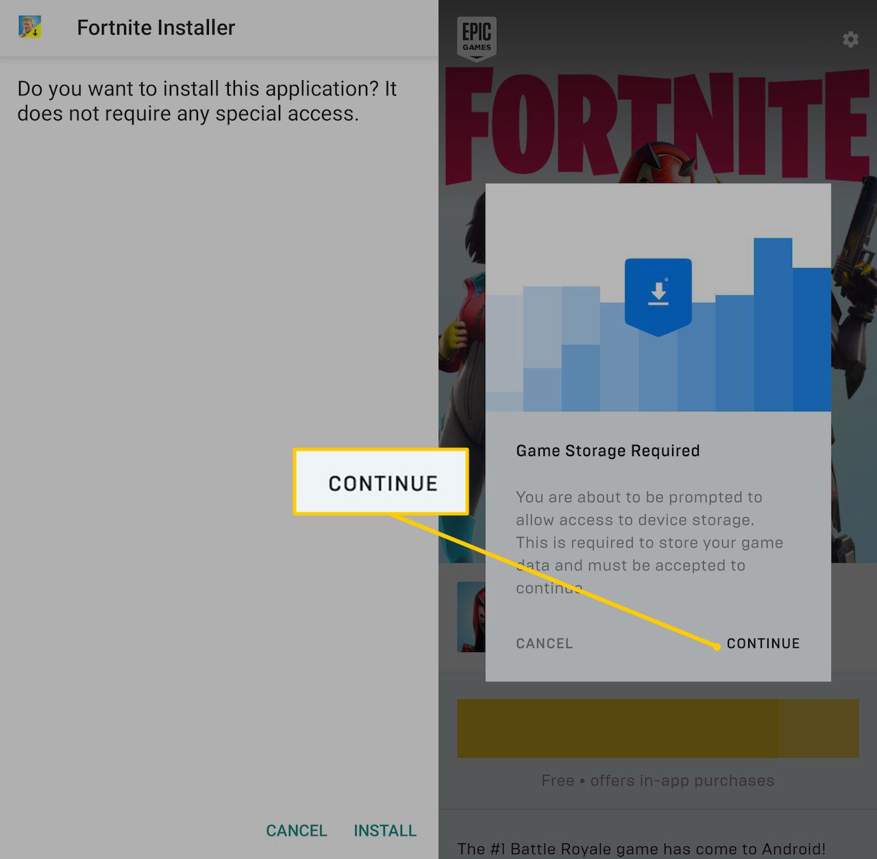 Botão Continuar no instalador Android Fortnite