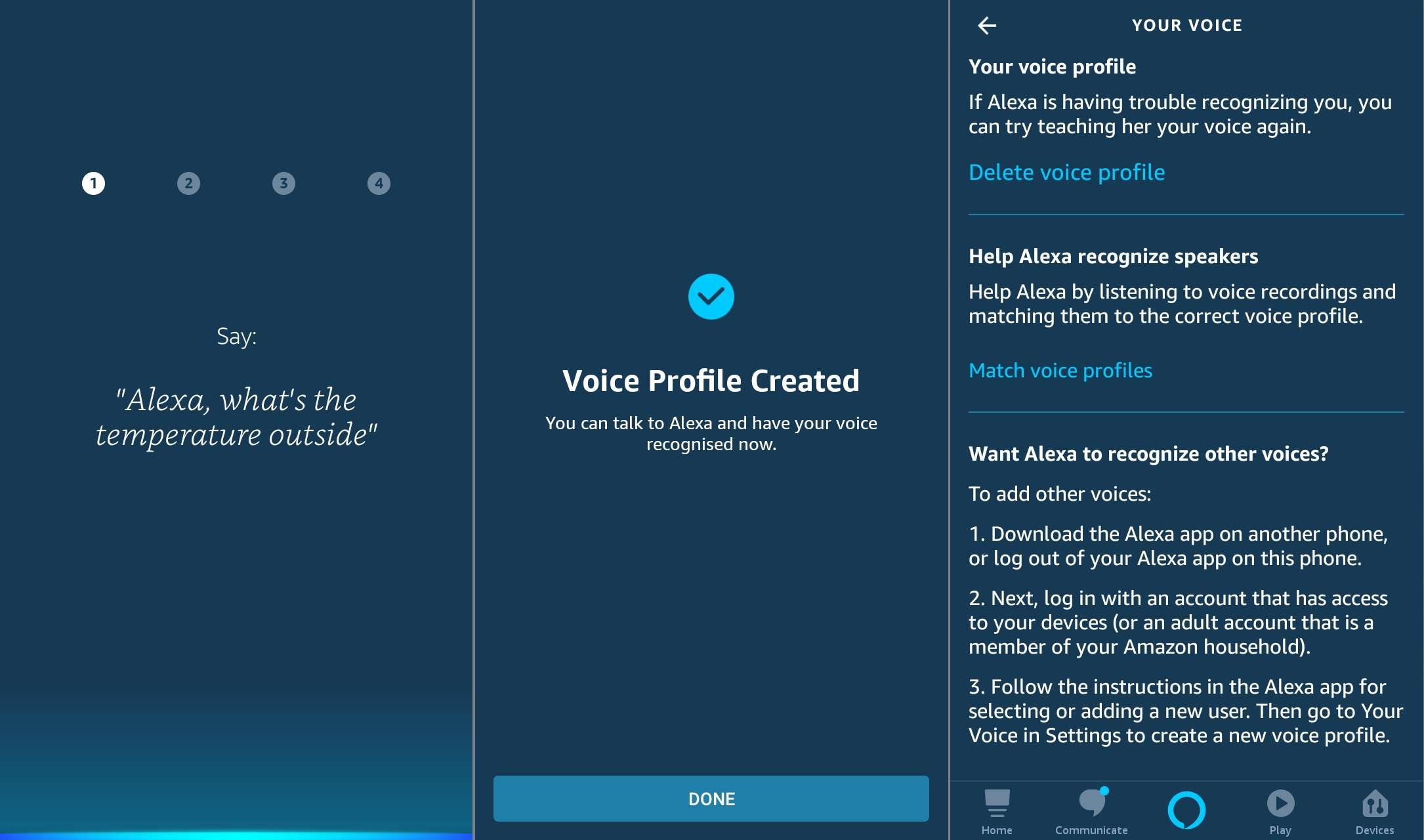 Configure perfis de voz Alexa usando o aplicativo Alexa.