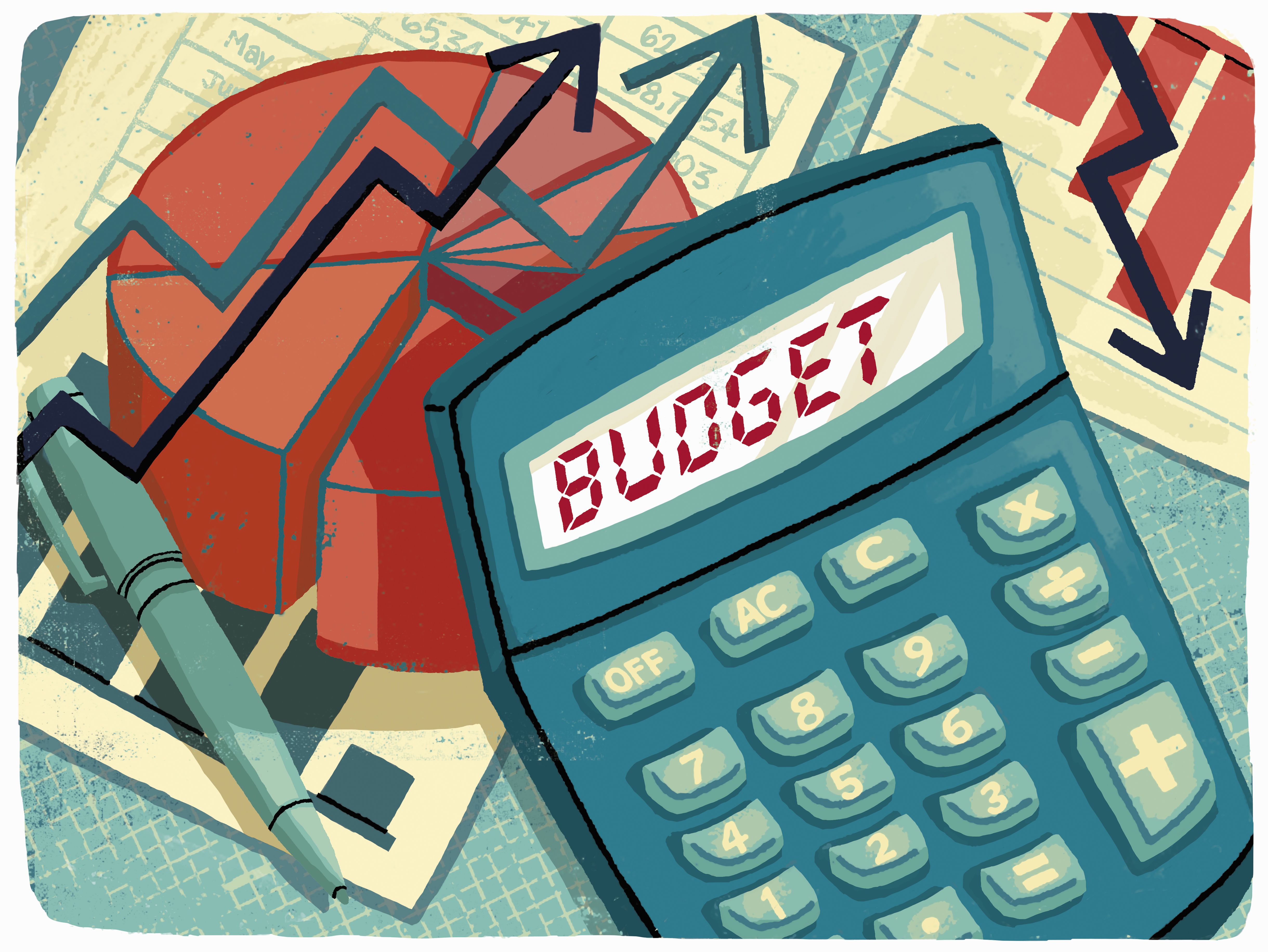 Calculadora, gráficos e dados financeiros calculando o orçamento