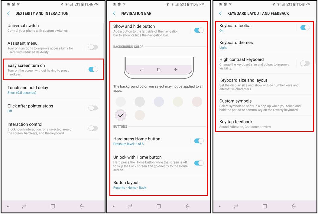 Três capturas de tela mostrando como personalizar a ativação da tela, a barra de navegação e o layout do teclado para o Note 9.