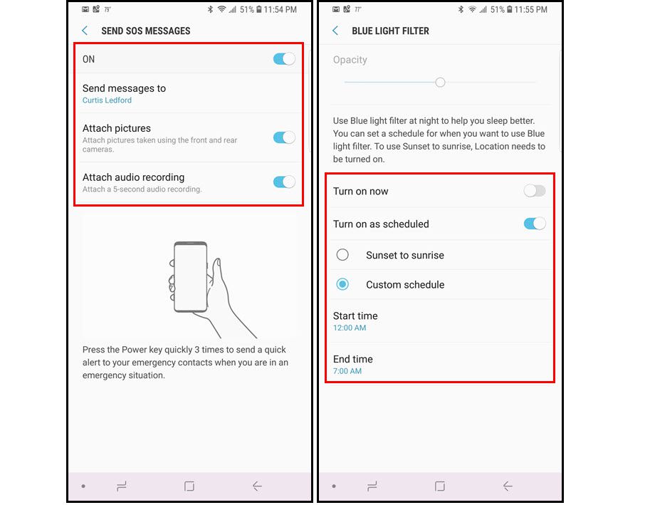 Duas capturas de tela mostrando como ativar mensagens SOS e filtros de luz azul no Galaxy Note 9.