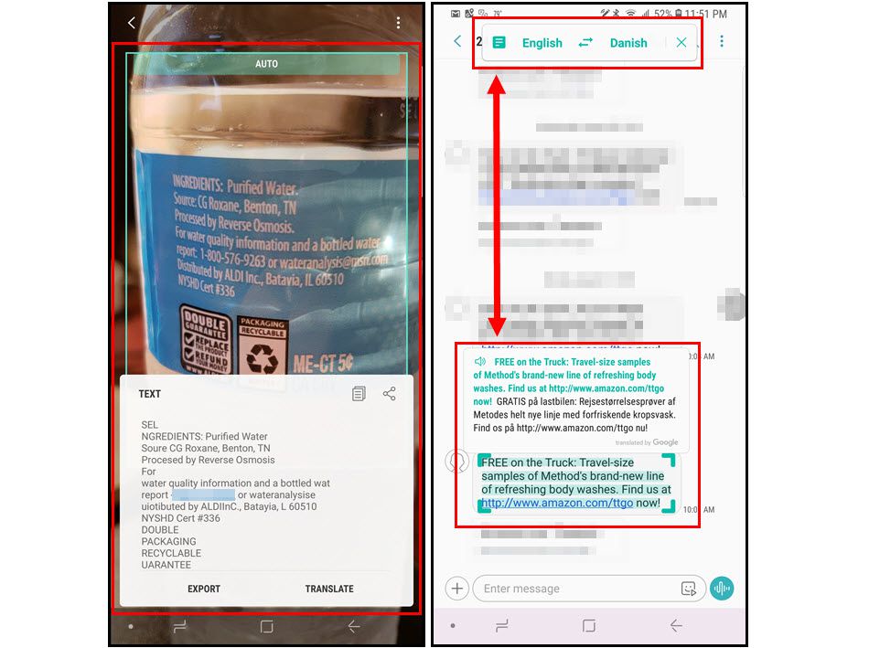 Duas capturas de tela do Galaxy Note 9 mostrando como o Bixby Vision e o Translate funcionam.