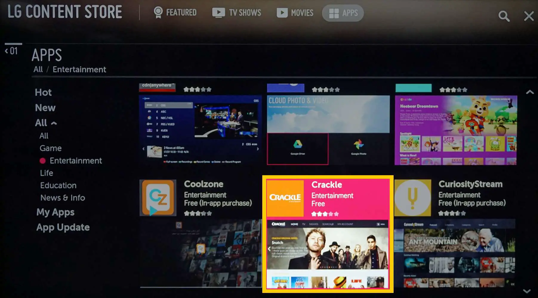 LG Content Store com o aplicativo Crackle selecionado