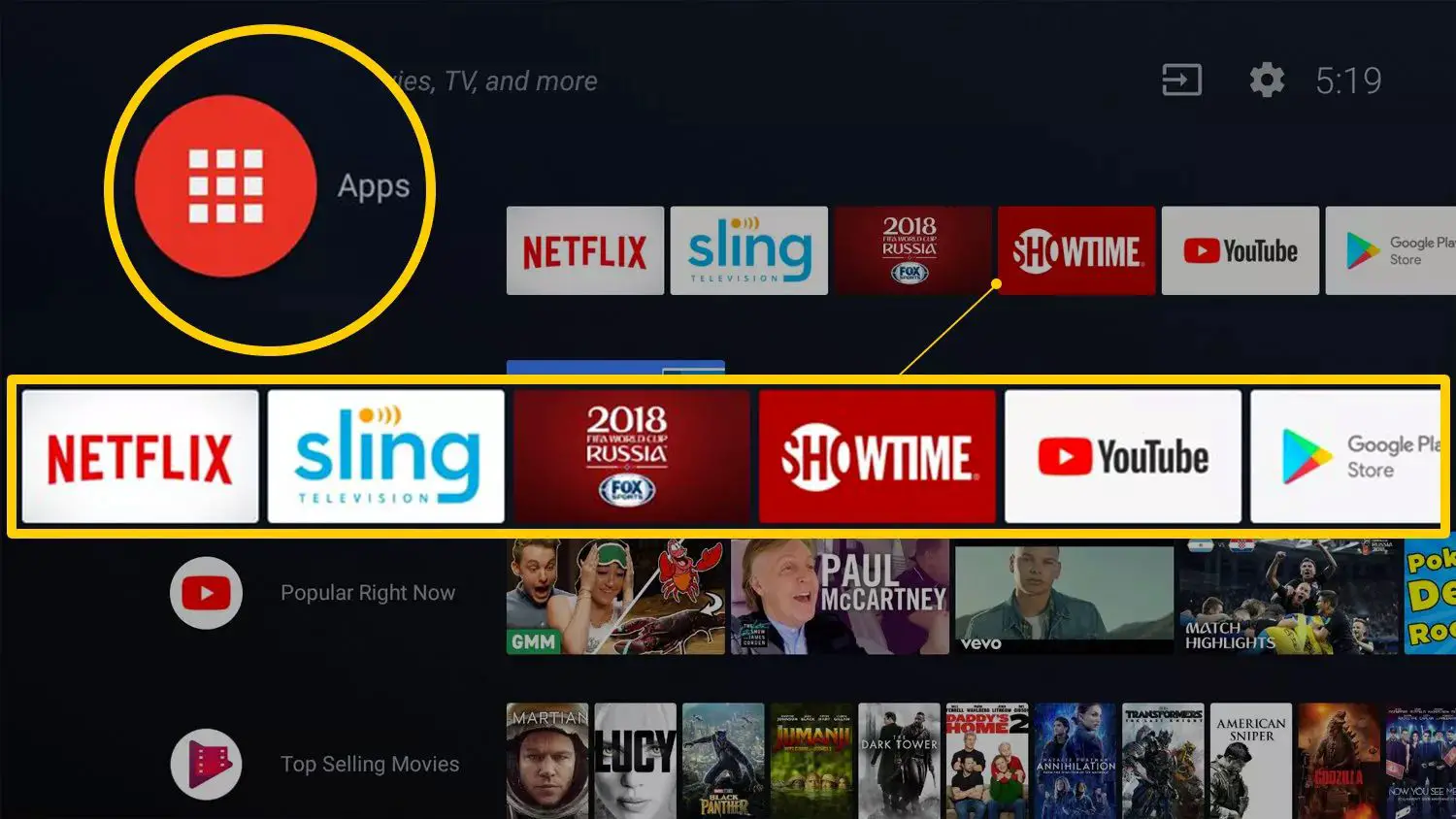 Ícone de aplicativos e linha de sugestões de aplicativos na Android TV