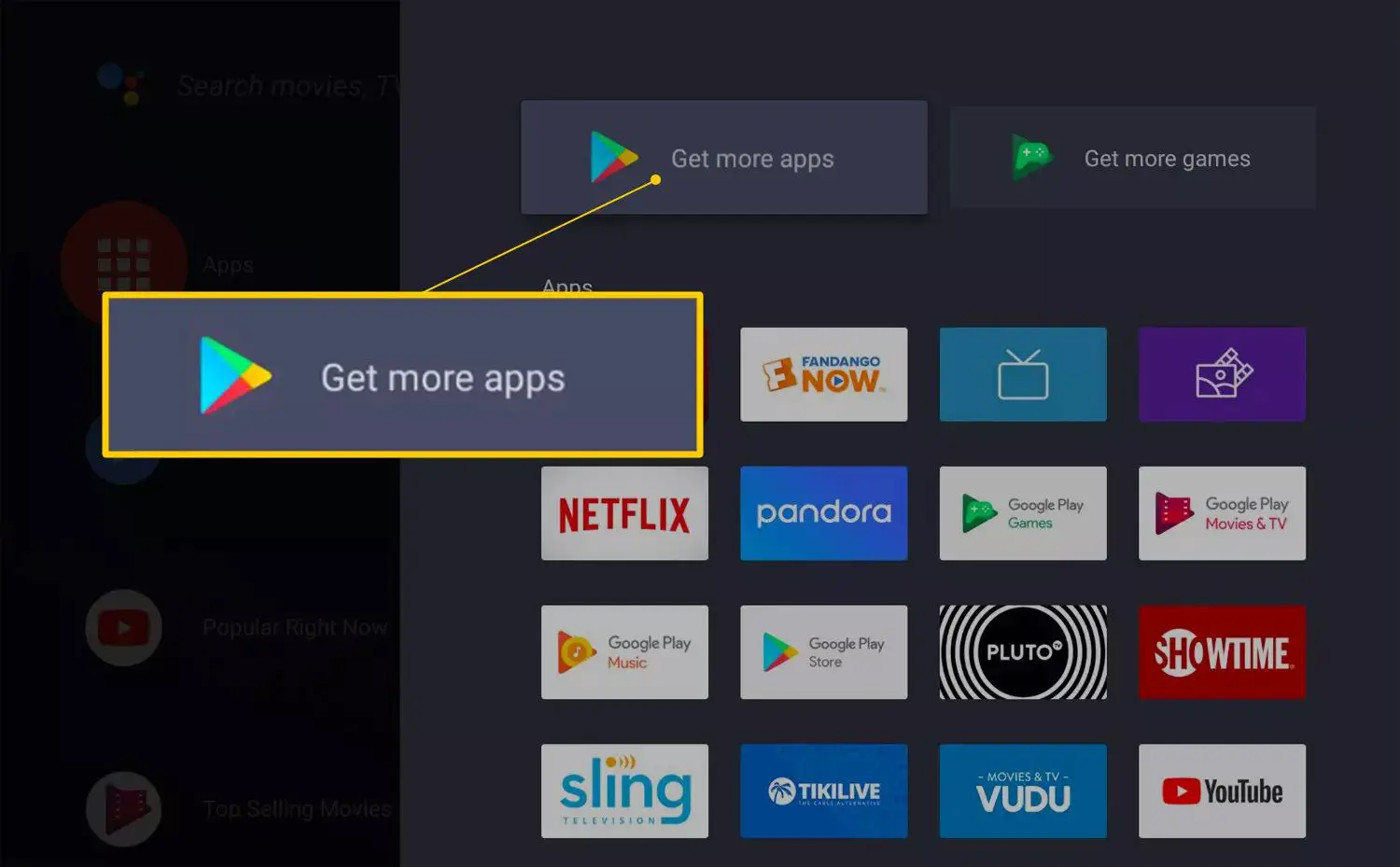 Obtenha o botão de mais aplicativos na Android TV