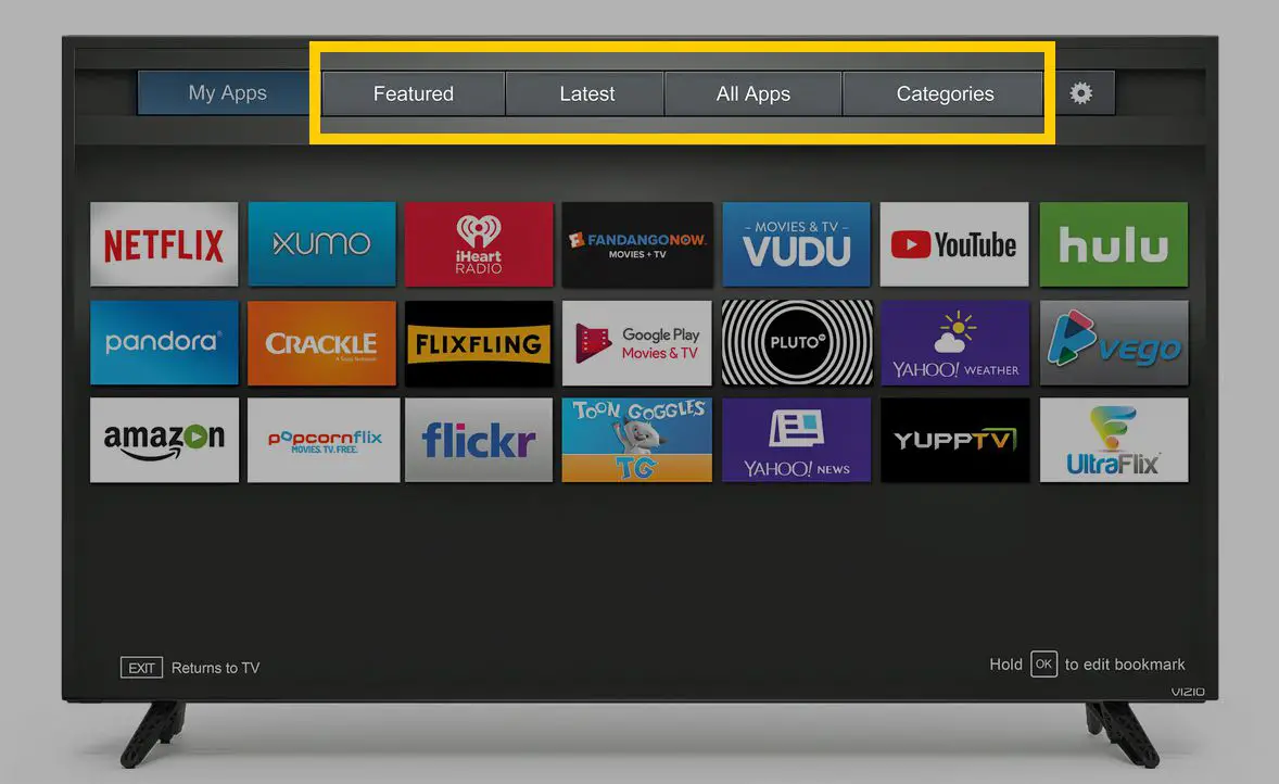 Vizio TV Via tela de aplicativos - Categorias de aplicativos